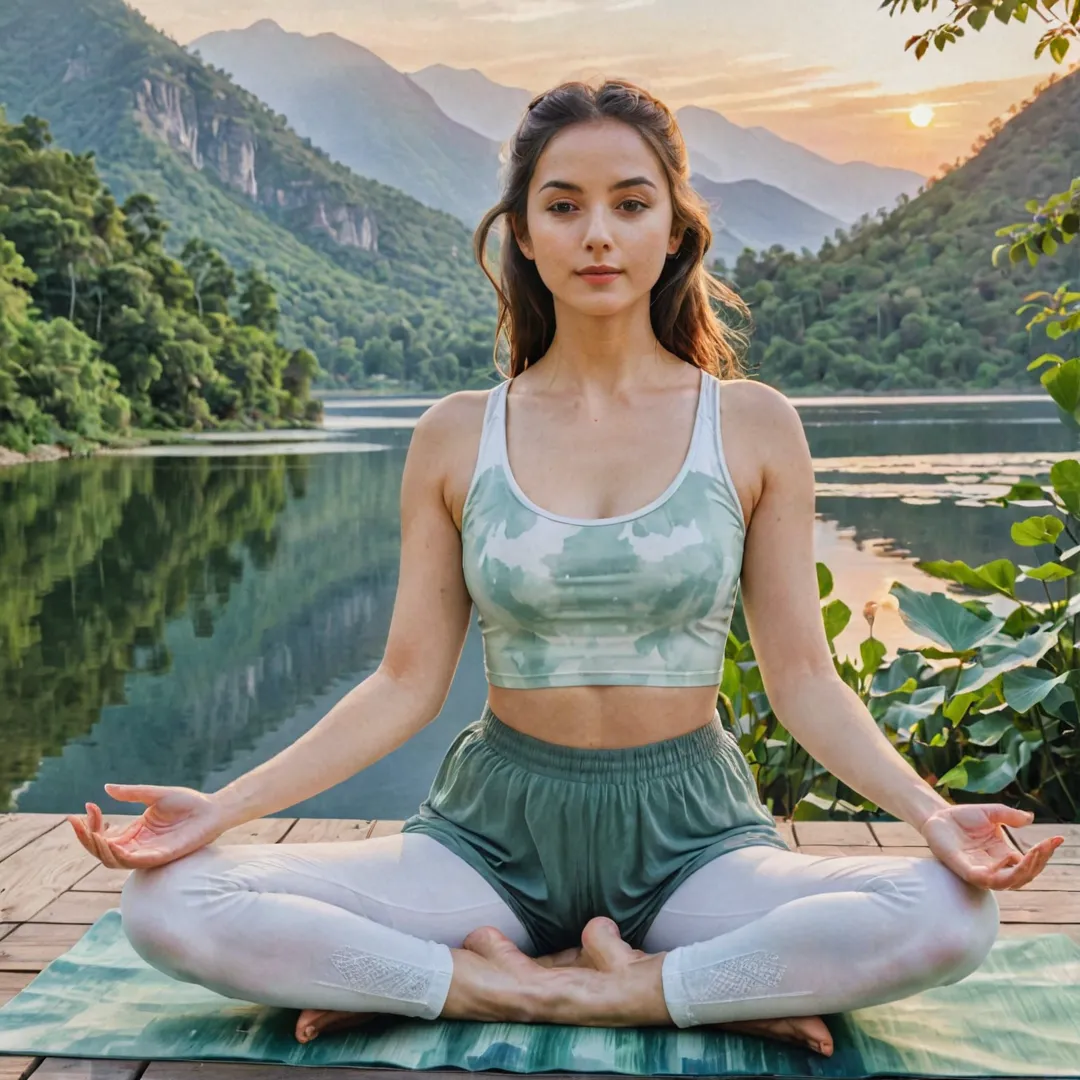 atercolor painting of a woman in lotus position, wearing a flowy yoga outfit, practicing on a wooden deck surrounded by greenery, with a peaceful lake and mountains in the background. The sun is setting, casting warm light on her skin and creating a serene atmosphere.