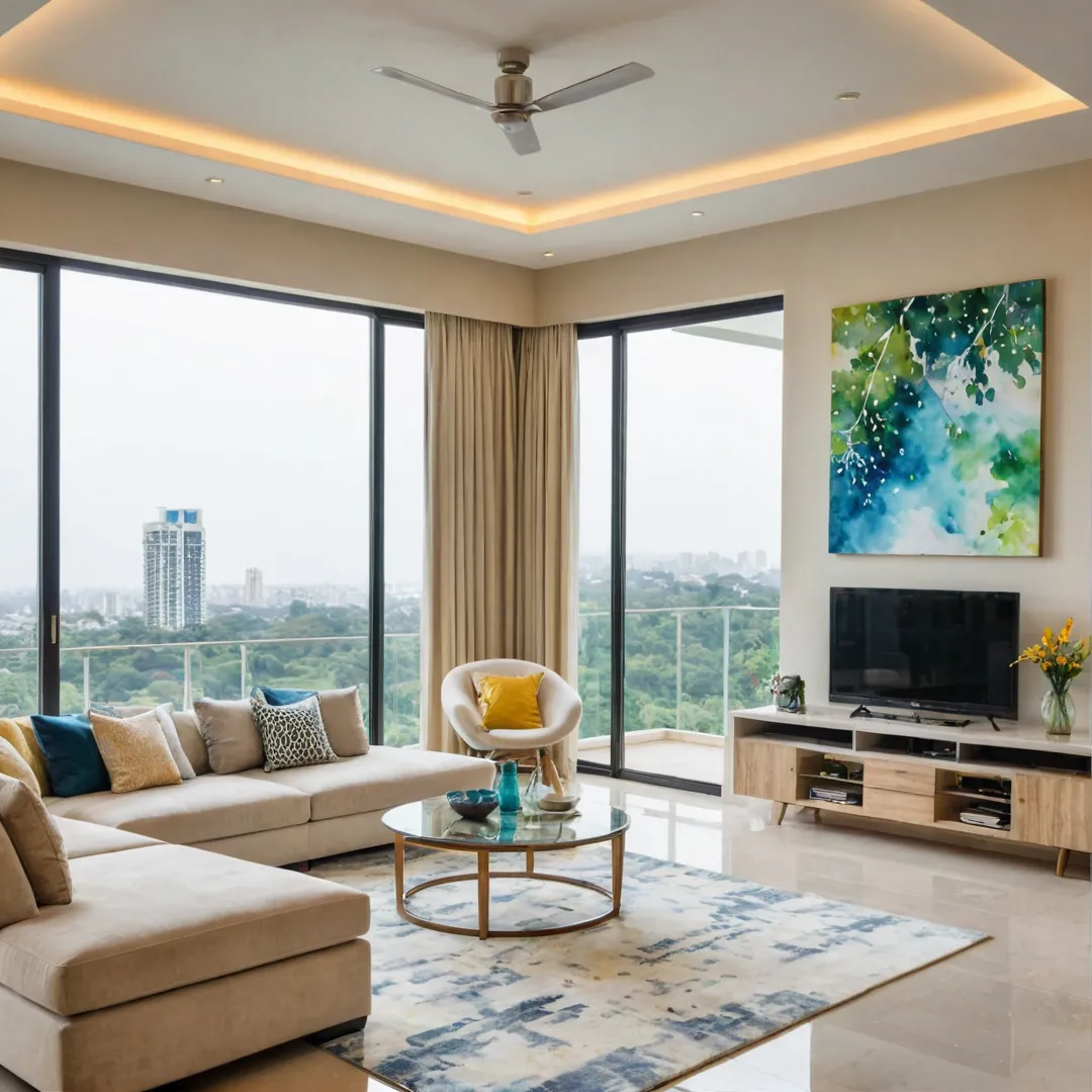 uxurious living room with floor-to-ceiling windows, modern furniture, and high-end electronics, overlooking a scenic view of Bangalore East's skyline and greenery, creating an atmosphere of sophistication and comfort.