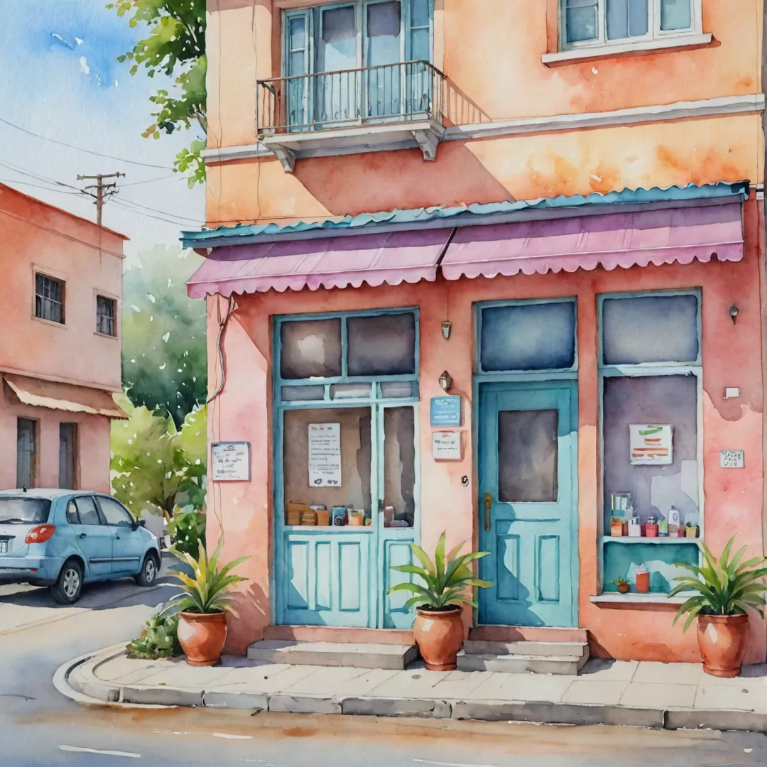  vibrant watercolor painting of a charming local clinic in Alita, with its cheerful facade and welcoming atmosphere. The scene captures patients arriving for their appointments while the friendly staff attends to them. The colors used are soothing pastel shades that create an inviting ambiance.