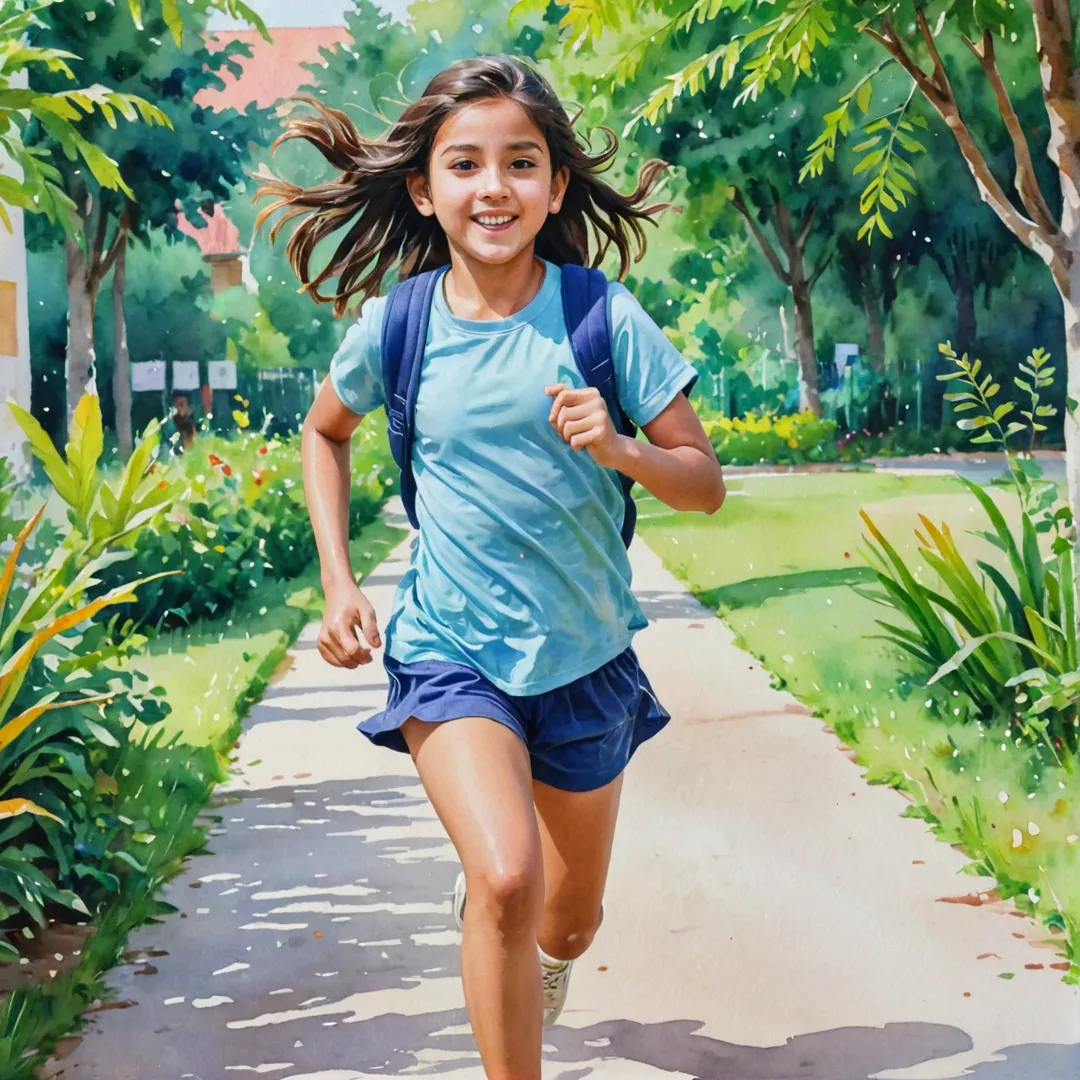 hoto of a girl running towards a school, bright colors, lively atmosphere, greenery, joyful expression