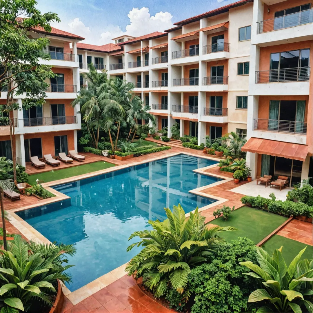 odern apartment complex, luxurious living spaces, greenery, open areas, swimming pool, clubhouse, urban elegance, red soil, natural beauty, sustainable living