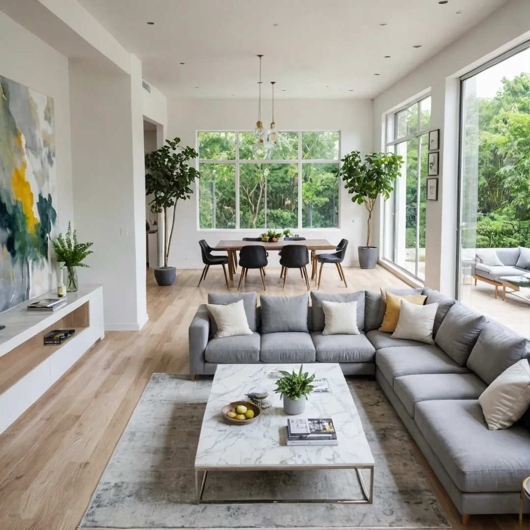 odern living room, open floor plan, large windows, natural light, spacious, minimalist, white walls, gray sofa, contemporary furniture, greenery, coffee table, stylish lamp, warm ambiance, social gatherings.