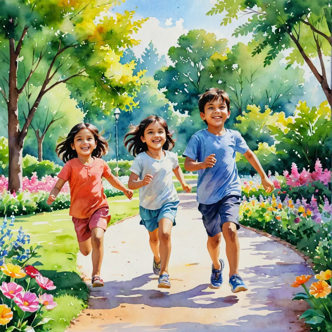 oyful children playing in a colorful park, surrounded by lush greenery and blooming flowers, under the warm sunlight.