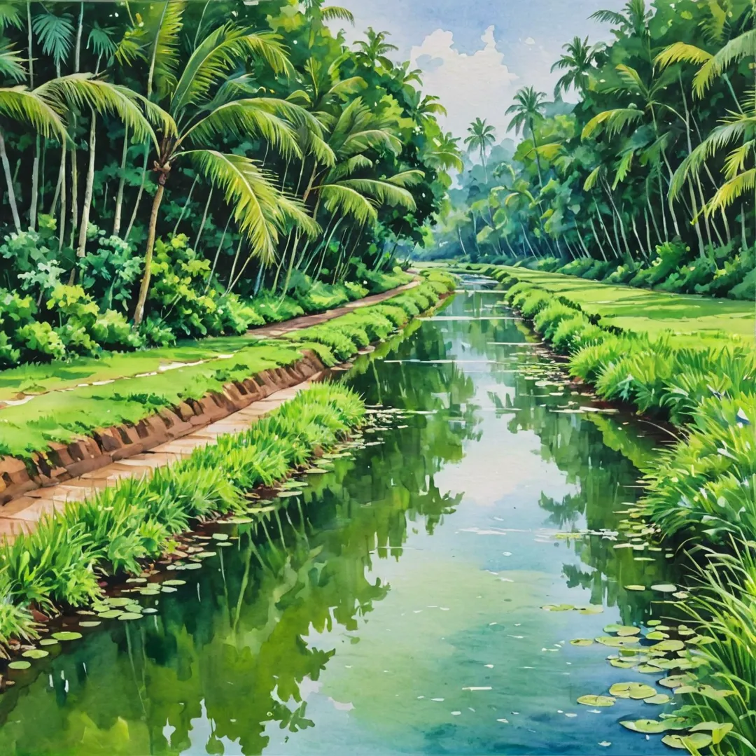 hoto of green lush landscape, Rajakaluve canals, Alita community, serene environment