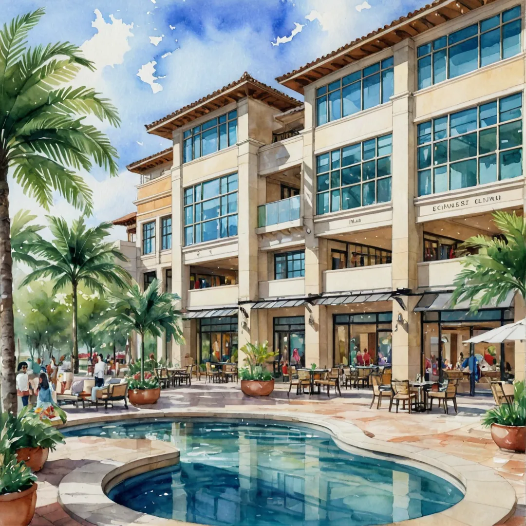 igh-end shopping center, luxurious mall, glass architecture, chic interiors, designer boutiques, high-fashion clothing, expensive jewelry store, fine dining restaurants, lush landscaping, outdoor seating area, valet parking, upscale shoppers, wealthy individuals.