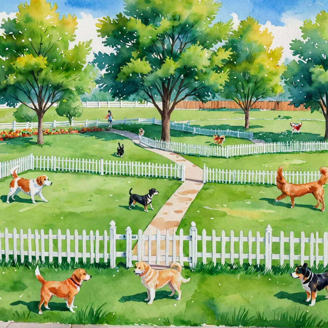 appy pet park, green grass, sunny day, playful animals, people interacting, secure fence, obstacle course, agility equipment, grooming salon, pet-friendly landscaping, dog walking service