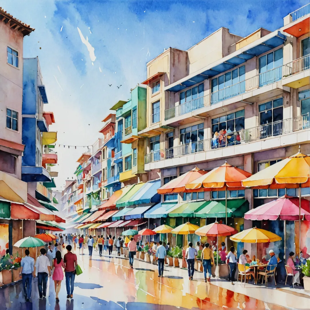 ibrant shopping center scene, bustling crowd, colorful umbrellas, sunny day, lively atmosphere, modern architecture, watercolor painting style