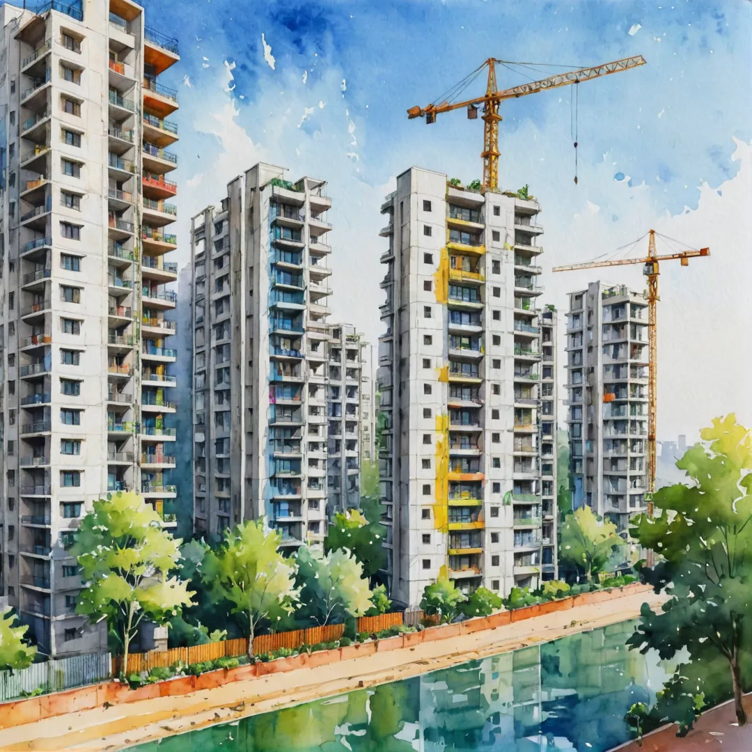 olorful, modern, luxurious, real estate, Bangalore, India, development, construction site, cranes, high-rise buildings, architecture, design, planning, greenery, nature, cityscape, urban living