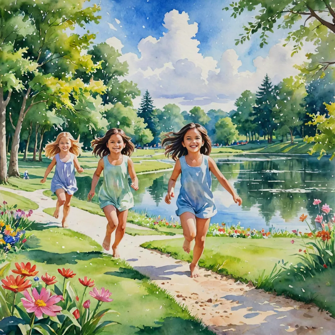 atercolor painting of a group of young children playing together in a lush green park with trees, grass, and colorful flowers surrounding them. They are engaged in various activities such as running, jumping, and building sandcastles near a small lake. The sky is filled with fluffy white clouds, casting soft shadows over the scene. The image evokes feelings of happiness, innocence, and carefree joy.