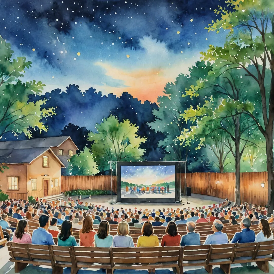 atercolor painting of an open-air theater in a suburban setting, warm lighting, families and friends gathered on wooden benches, enjoying a movie projected onto a large screen, stars twinkling above, soft breeze rustling leaves, cozy atmosphere.