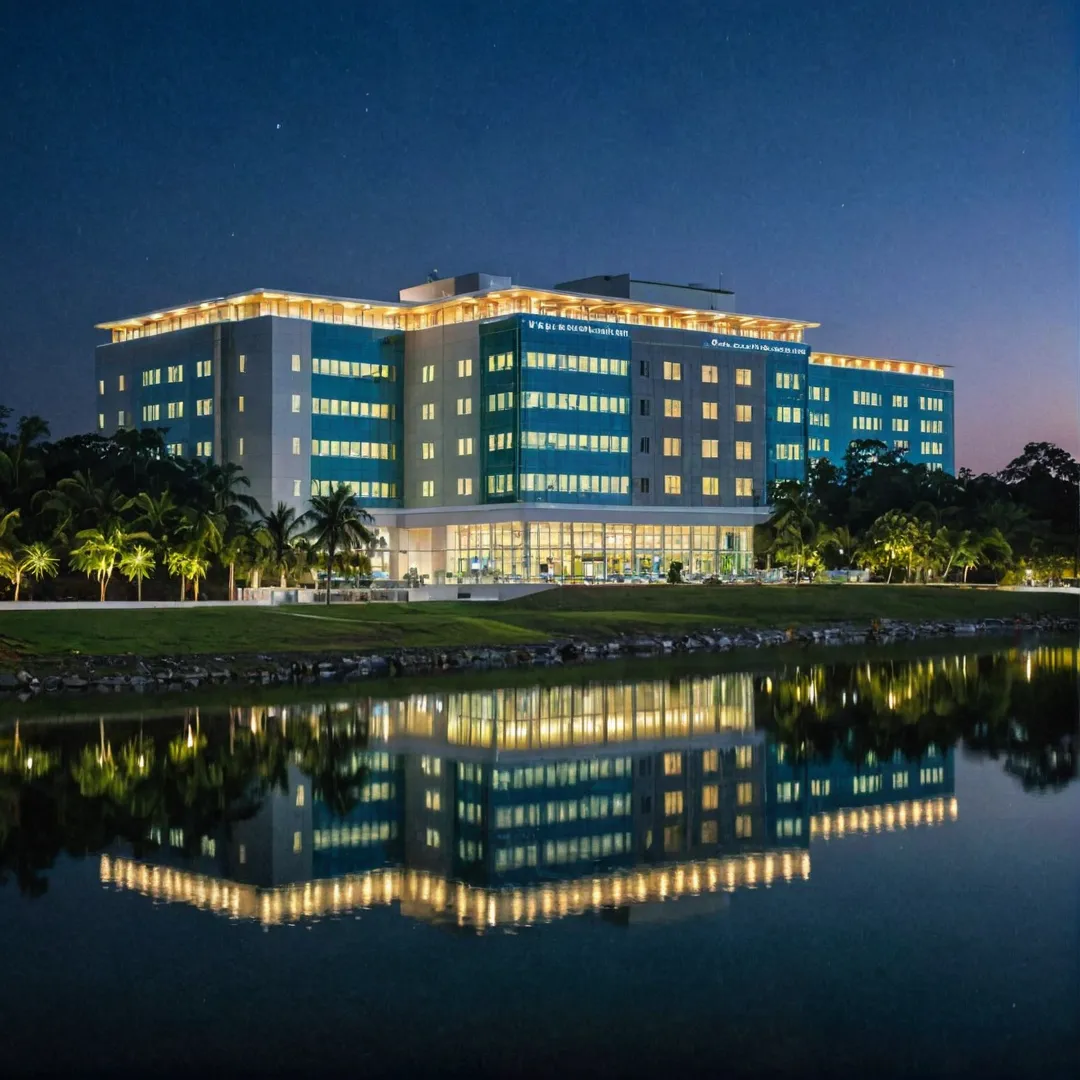 hoto of a modern hospital building at night, illuminated by bright lights, reflecting on the surrounding water body. The image captures the serene and tranquil atmosphere of the healthcare facility, showcasing its commitment to providing world-class medical care while maintaining an environment conducive to healing.