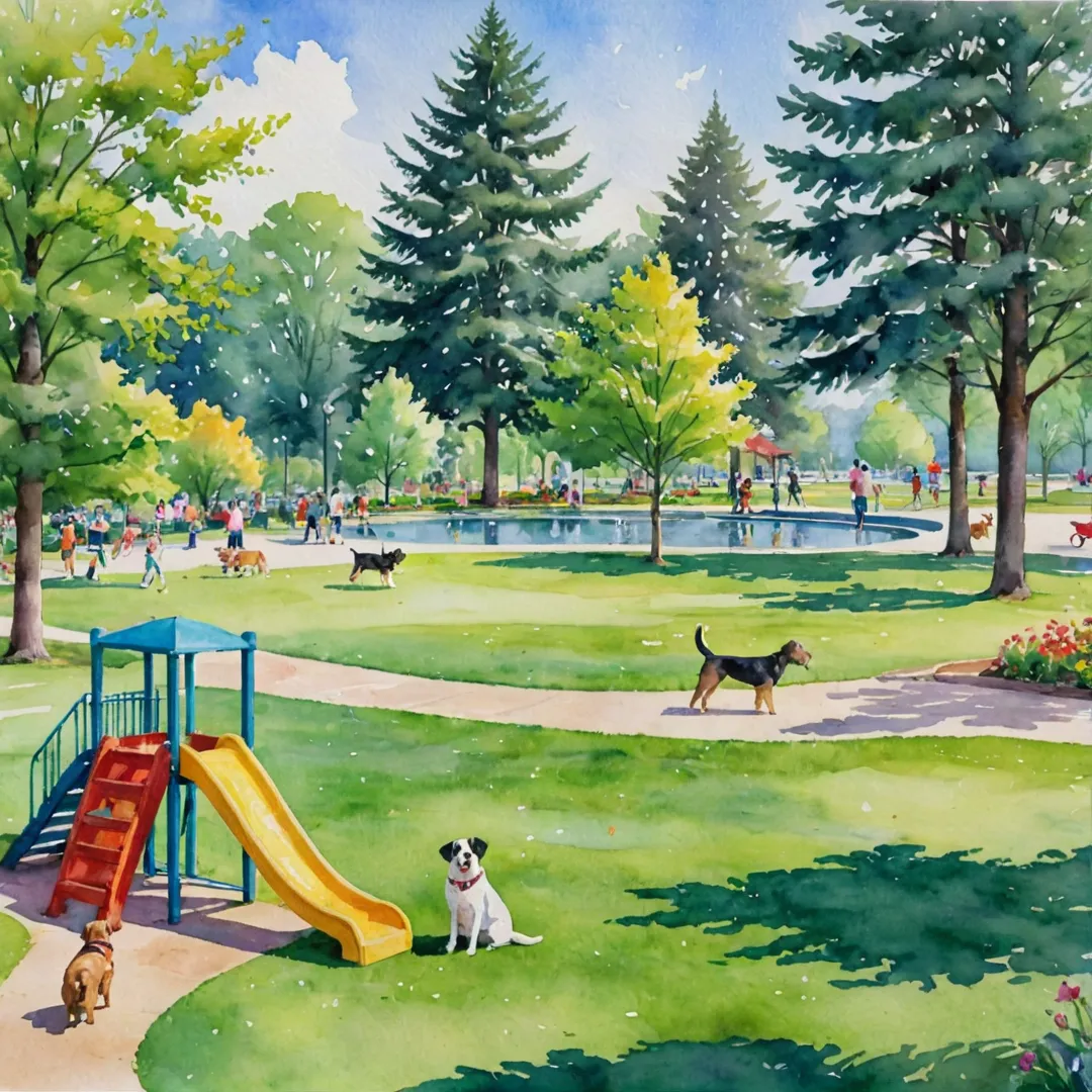  watercolor painting of a pet-friendly community park, with vibrant colors and a serene atmosphere. The park features green grass, blooming flowers, tall trees, and a picturesque pond. Dogs of various breeds and sizes can be seen playing fetch, running through the grass, or socializing at the water's edge. The scene also includes a group of children interacting with their pets while sitting on a colorful playground structure. In the background, several residents walk their dogs or enjoy a leisurely stroll together, highlighting the strong sense of community fostered by the pet park.