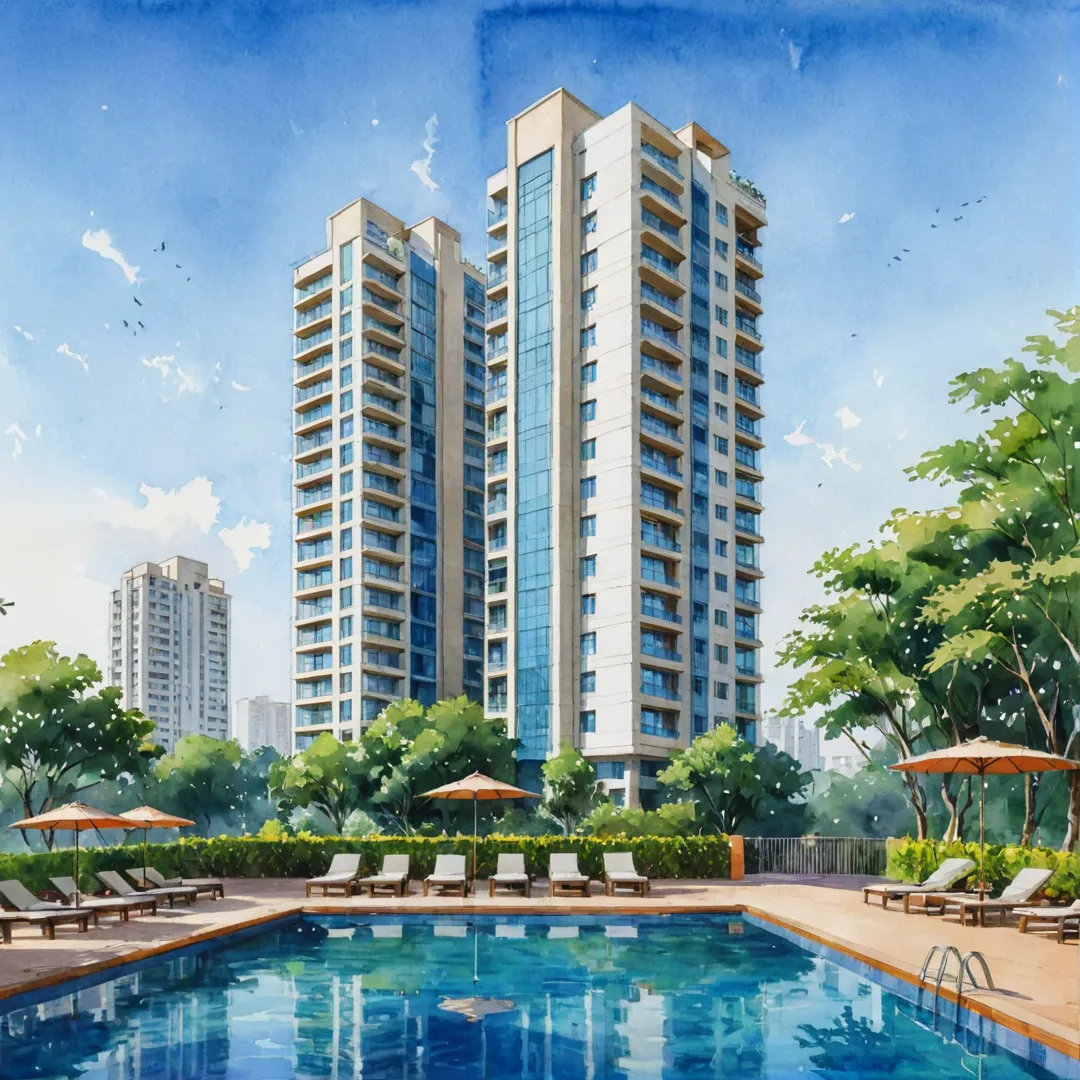 unlit cityscape, Bangalore East skyline, modern architecture, luxurious high-rise apartments, greenery, swimming pool, gym, clubhouse, coffee shop, workspace lounge, metro station, expressway access, vibrant culture, young professionals, cosmopolitan lifestyle.