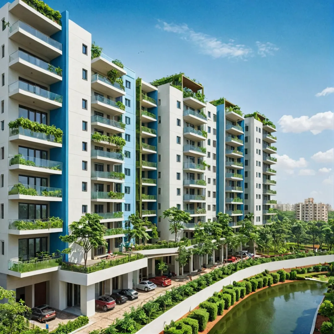 hoto of modern urban residential development with greenery, vibrant colors, and futuristic architecture in the background. The image should highlight the combination of sustainability, innovation, and connectivity offered by Alita project in Bangalore East.