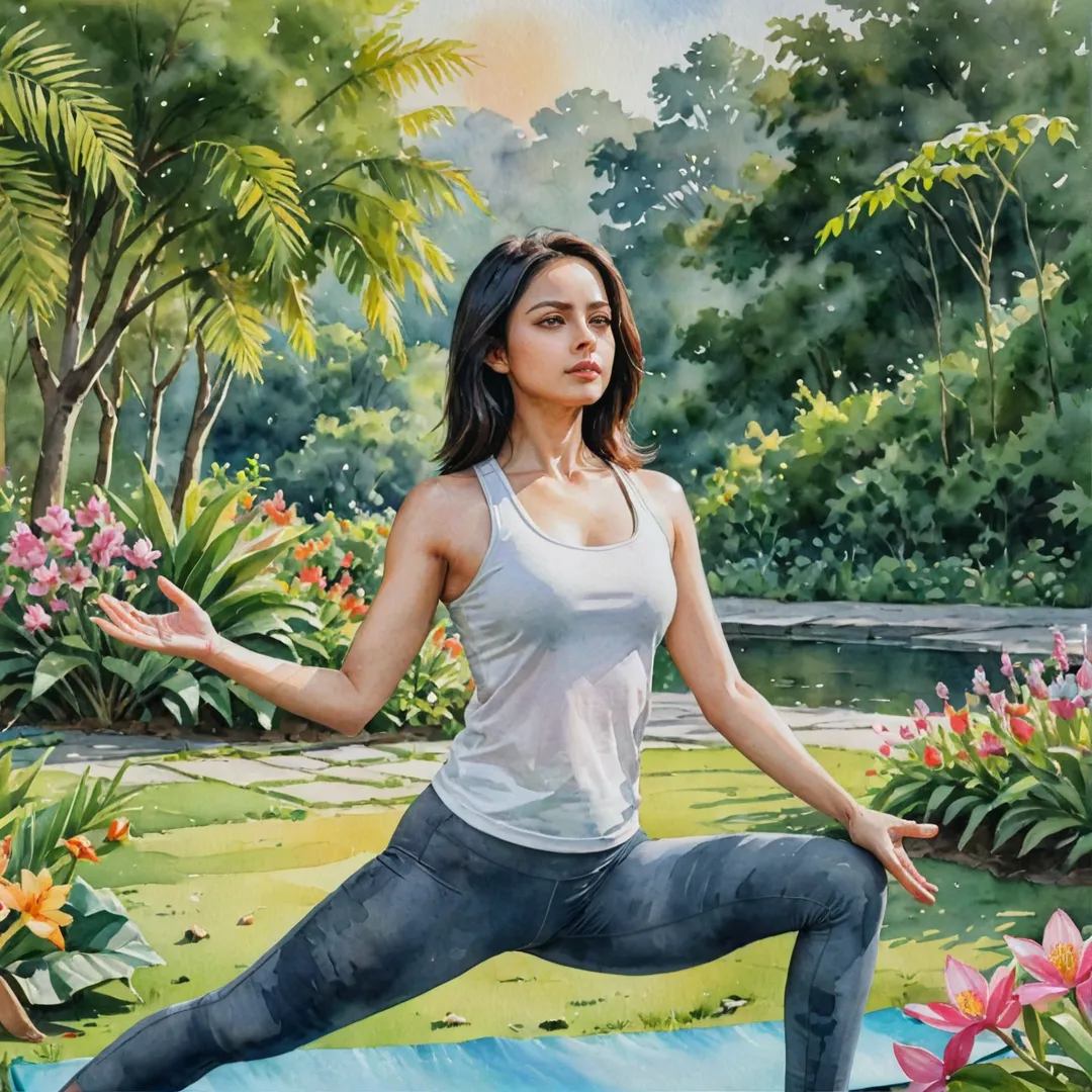 tercolor painting of a yoga instructor leading a class in an outdoor setting, with vibrant colors and soft brushstrokes capturing the serene ambiance. The sun is setting in the background, casting warm light on the students as they practice various poses, surrounded by lush greenery and blooming flowers. In the distance, one can see a glimpse of Alita's sustainable architecture blending seamlessly with nature.