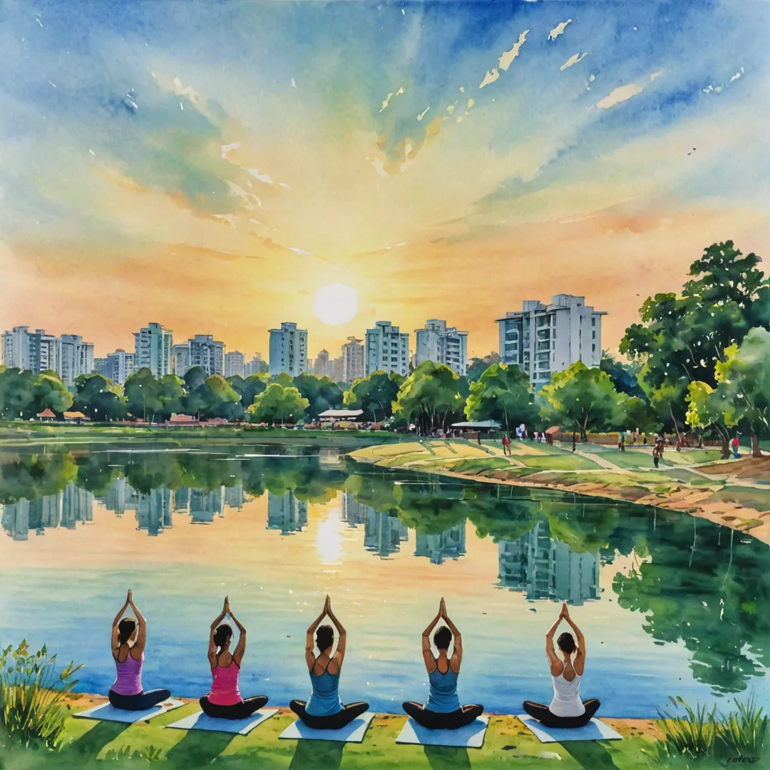 ater color painting of a peaceful sunset in Bangalore East, with a group of people practicing yoga and exercising near the scenic lake. In the background, Alita's green buildings blend harmoniously into the landscape, showcasing its commitment to sustainability and wellness. The colors used are warm and inviting, creating an atmosphere of tranquility and community spirit.