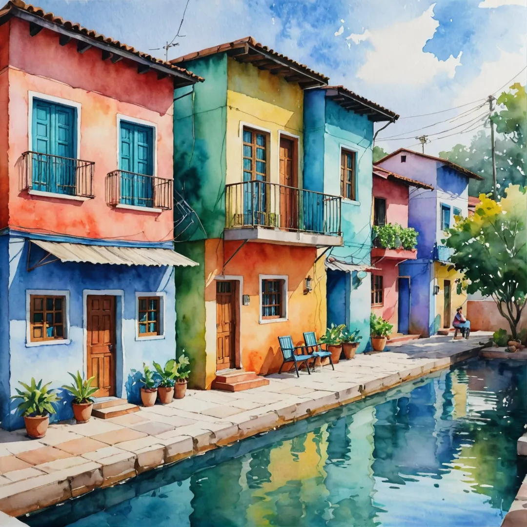 ibrant community, colorful homes, cozy workspace, people connecting, creative atmosphere, watercolor painting style