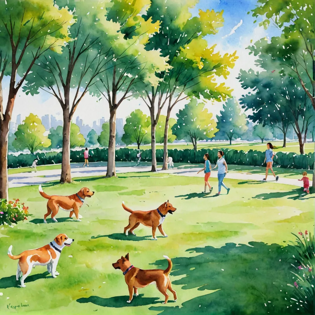 rompt: pet park, green grass, trees, pets playing, owners socializing, sunny day, joyful atmosphere, community event, dogs running, cats climbing, birds chirping, happy people, leash-free zone, secure environment