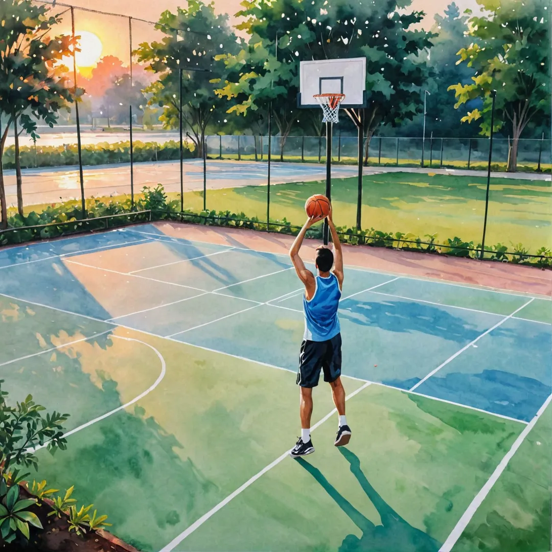 erson playing basketball, badminton court, basketball net, sports enthusiasts, community engagement, fitness center, gated community, sunset background, greenery, outdoor activities.