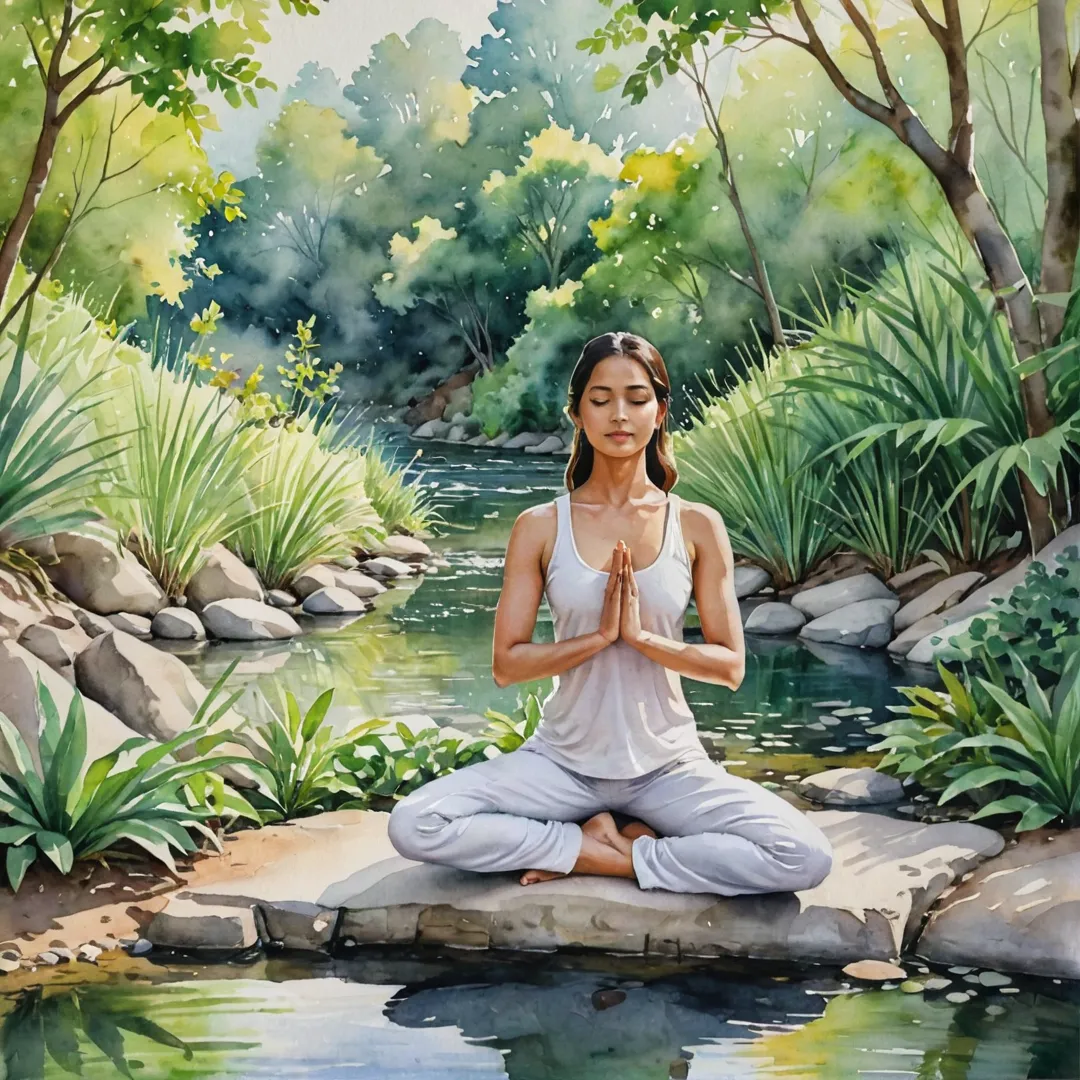 atercolor painting of a person practicing yoga in a serene outdoor environment, with lush greenery and a gentle stream nearby. The individual is wearing light-colored clothing that blends seamlessly into the natural surroundings, emphasizing their connection to nature. A sense of peace and tranquility fills the scene as the warm sunlight filters through the trees, casting soft shadows on the yogi's body.