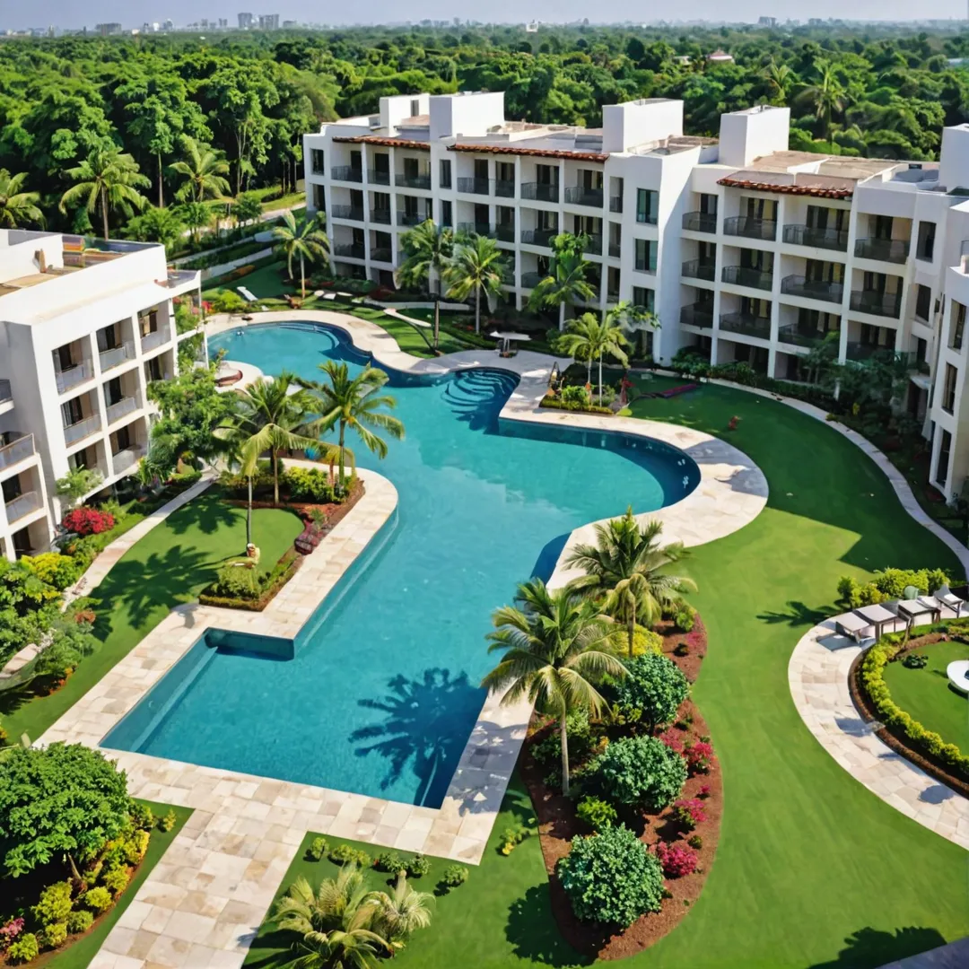 ibrant community living, sustainable environment, green open spaces, modern architecture, harmonious landscape design, outdoor recreational facilities, lush gardens, social interaction, high-end amenities, wellness-focused features, eco-friendly infrastructure.