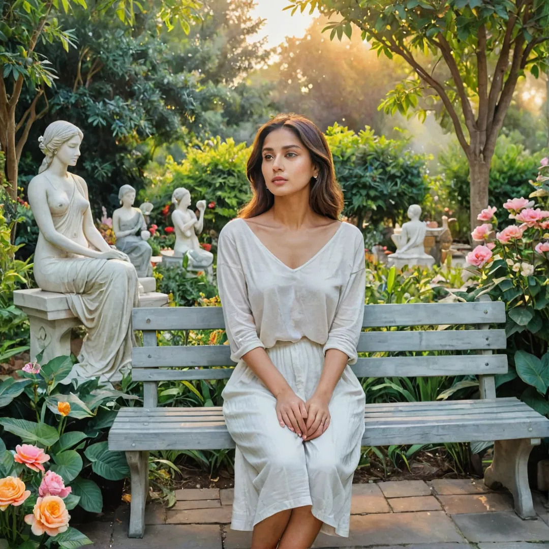 atercolor painting of a woman sitting on a bench, lost in thought, surrounded by peaceful art garden with various sculptures, flowers, and trees. The setting sun casts warm light on the serene scene, creating an atmosphere of tranquility and contemplation.