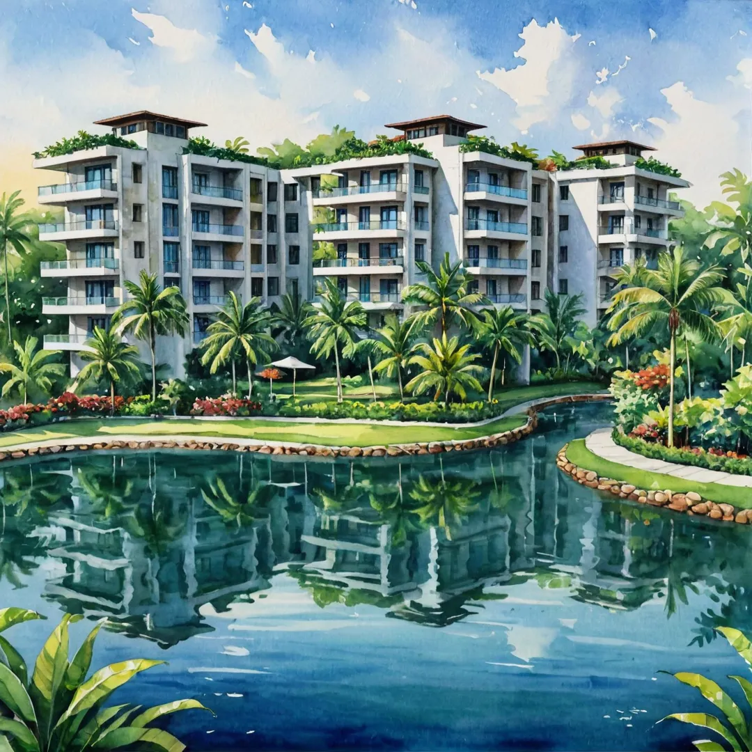 atercolor painting of a luxurious and modern residential complex, Alita, nestled in lush greenery and surrounded by serene water bodies. The image captures the essence of tranquility while showcasing the architectural excellence of the buildings. RERA approval is proudly displayed as a symbol of trustworthiness and compliance with strict regulations ensuring homebuyers' safety and well-being.