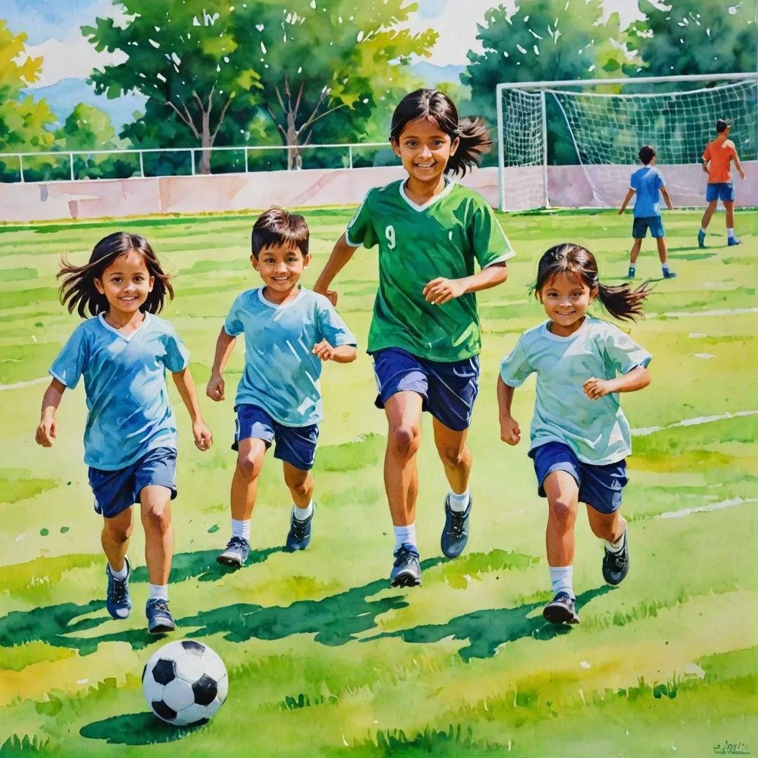 layful children, playing soccer, outdoor sports complex, bright colors, green grass, happy faces, family bonding, active lifestyle, Alita