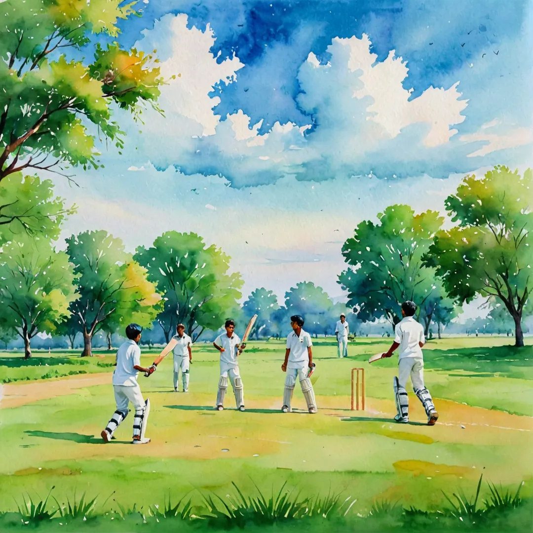 hildren playing cricket on a green field, vibrant colors of the sky, watercolor painting style, community bonding, joyful atmosphere