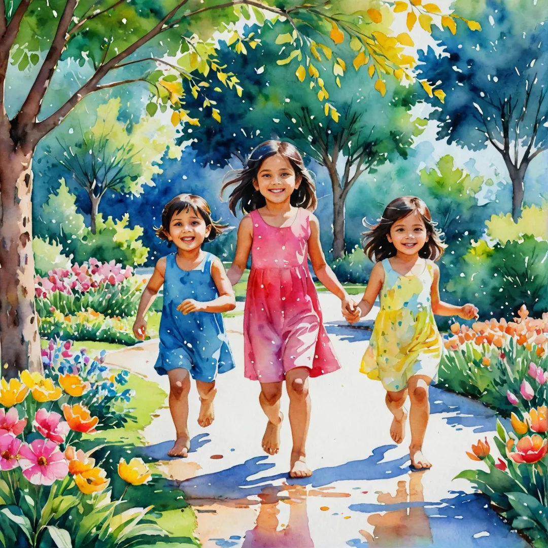 olorful, vibrant, happy, children, playing, outdoor, garden, trees, flowers, watercolor painting style