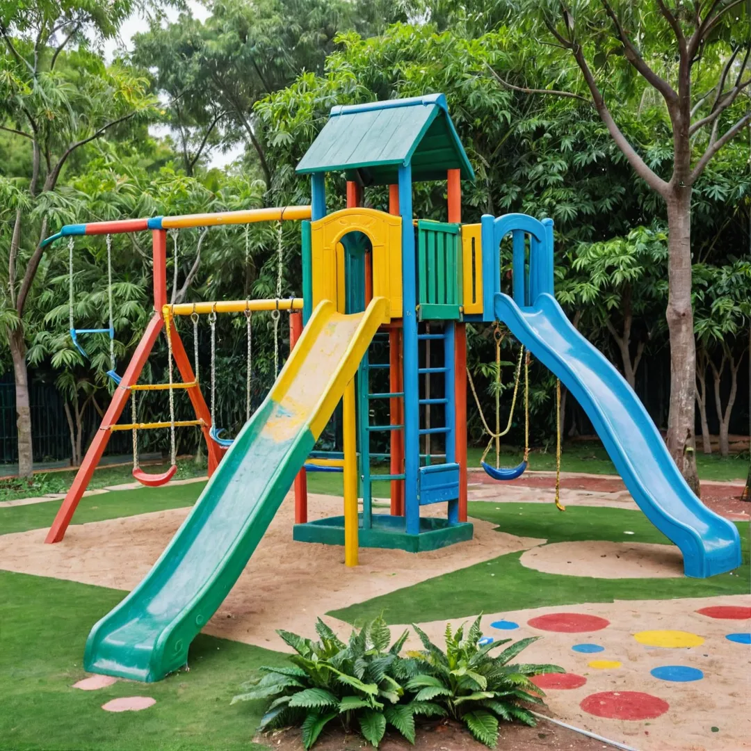 hildren playing in colorful playground with swings and slides, surrounded by greenery and natural elements. Age-appropriate equipment encourages creativity and social interaction. Sustainable design incorporates eco-friendly materials and recycled elements. Safe environment for kids to grow and develop essential life skills.