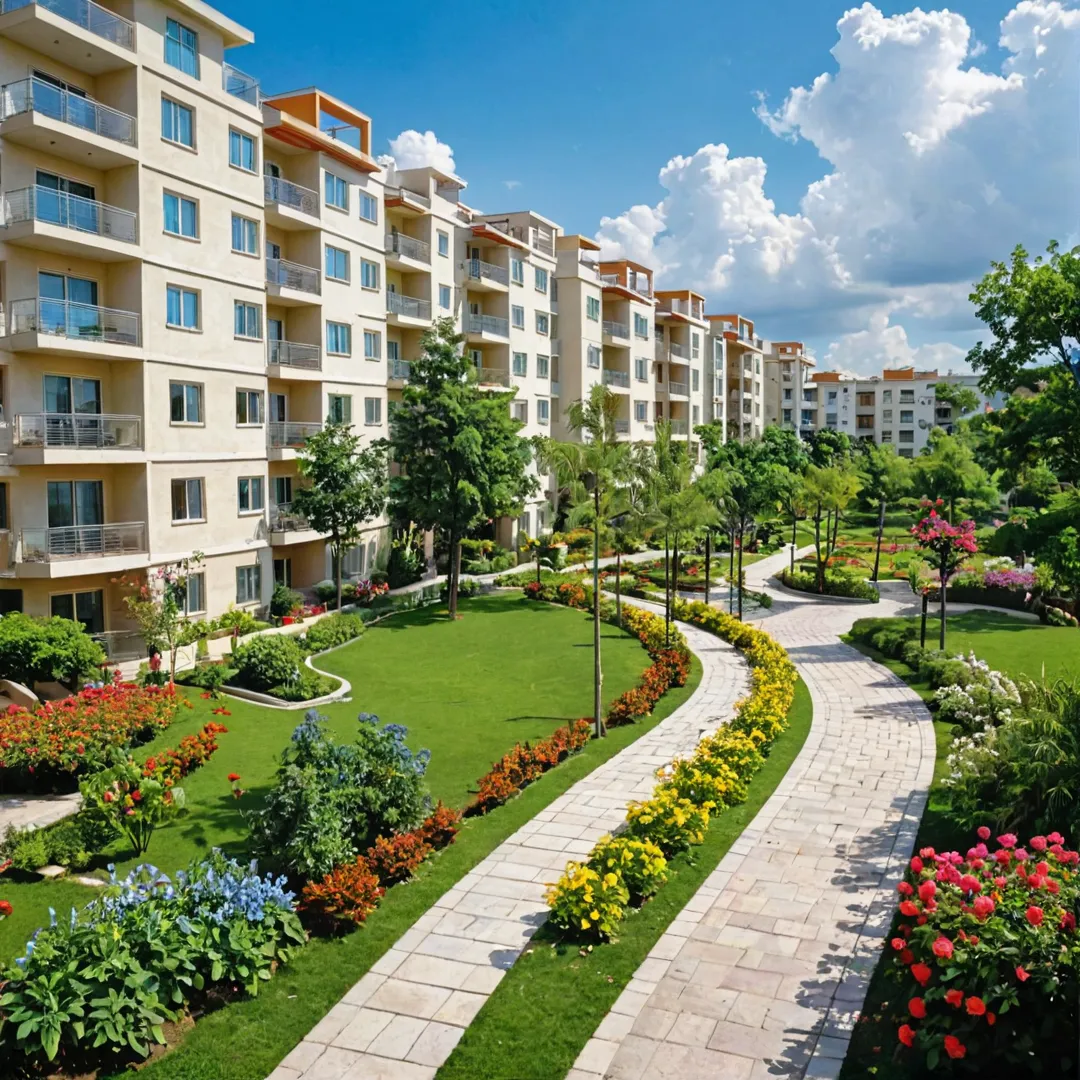 igh-quality photo of a modern residential complex with well-maintained gardens and pathways, bustling with people enjoying the lush surroundings. The background features a clear blue sky with fluffy white clouds, contrasting beautifully against the vibrant greenery and colorful flowers. The image should capture the essence of community living and the excitement generated by the upcoming infrastructure improvements.