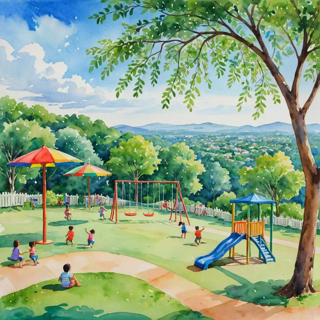 atercolor painting of a vibrant playground surrounded by lush greenery, children laughing and playing on swings, slides, and monkey bars, with colorful umbrellas providing shade under which parents watch over their little ones. The background features a picturesque view of rolling hills in the distance and clear blue skies.