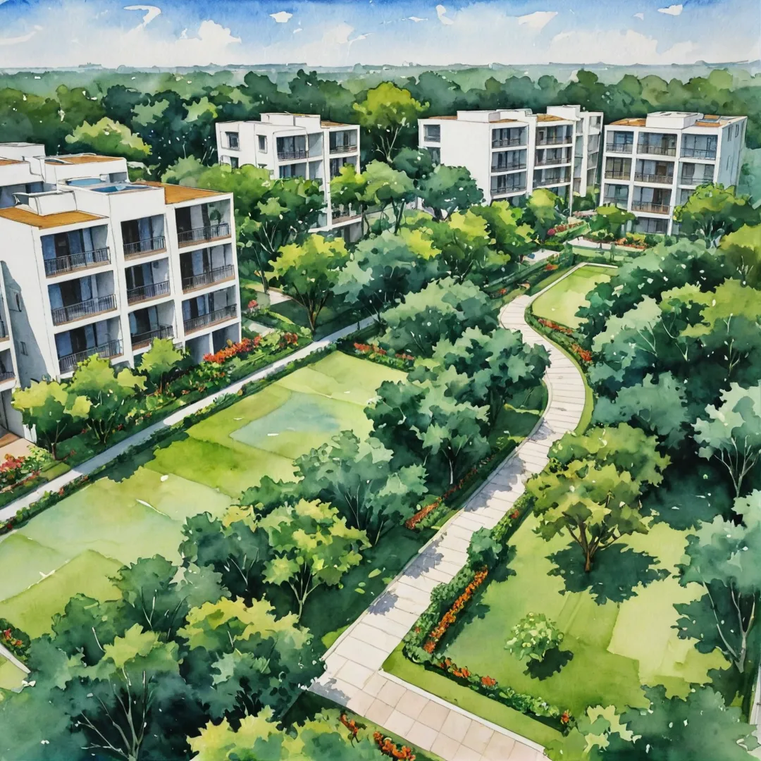 atercolor painting of a serene residential community in East Bangalore, featuring lush greenery and open spaces. A beautifully designed apartment complex with modern architecture blends harmoniously into the natural environment. Residents are seen enjoying various outdoor activities such as yoga, jogging, and cycling on well-maintained pathways that wind through the landscape. The painting captures the essence of tranquility amidst urban development while showcasing sustainable design elements like solar panels and rainwater harvesting systems.