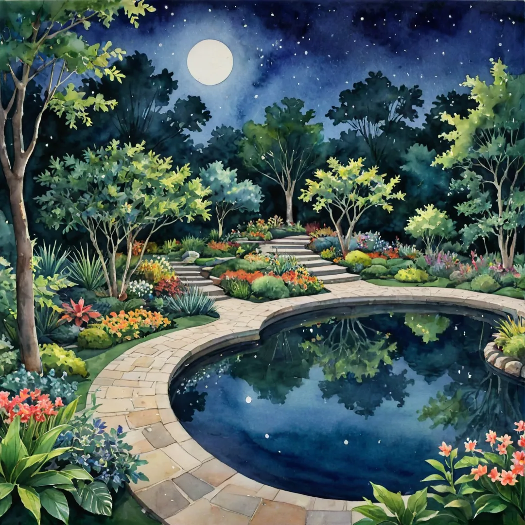 ighttime moonlit scene, magical garden, whimsical lighting, greenery, tranquil atmosphere, serene environment, community space, outdoor leisure, contemplative area, walking paths, seating areas, educational elements, stargazing, natural beauty, reflective surfaces, lush plants, floral arrangements, shimmering water features, winding walkways.