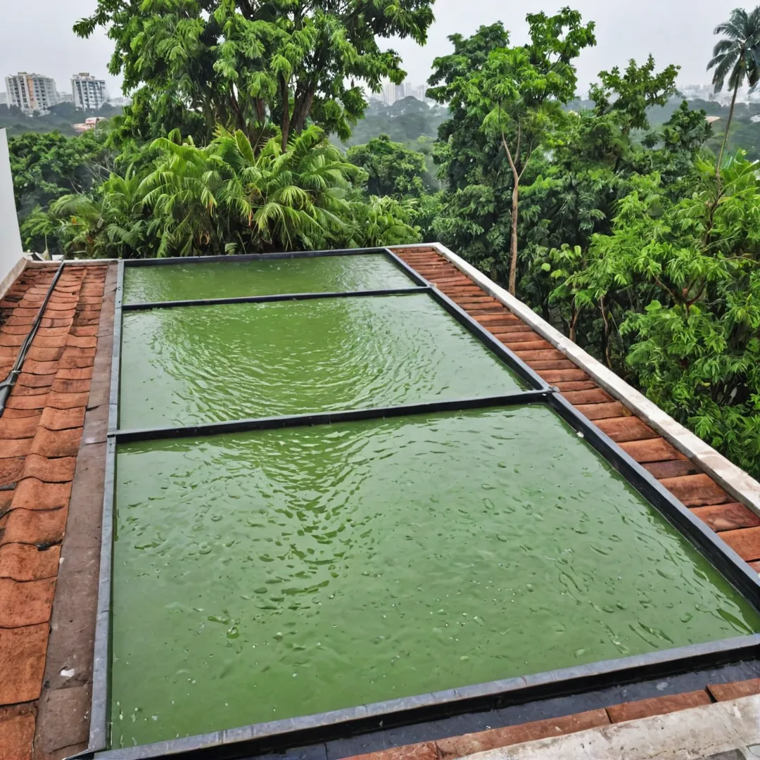 I-generated image prompt:

Roof of a premium residential building, Bangalore East, capturing rainwater in multiple collection points. The rooftop tanks and open wells are filled with water, while percolation pits and recharge wells are being replenished by the falling rain. The building's architecture showcases a blend of modern design and traditional rainwater harvesting techniques. In the background, lush greenery and trees indicate environmental preservation efforts and commitment to sustainable living practices.