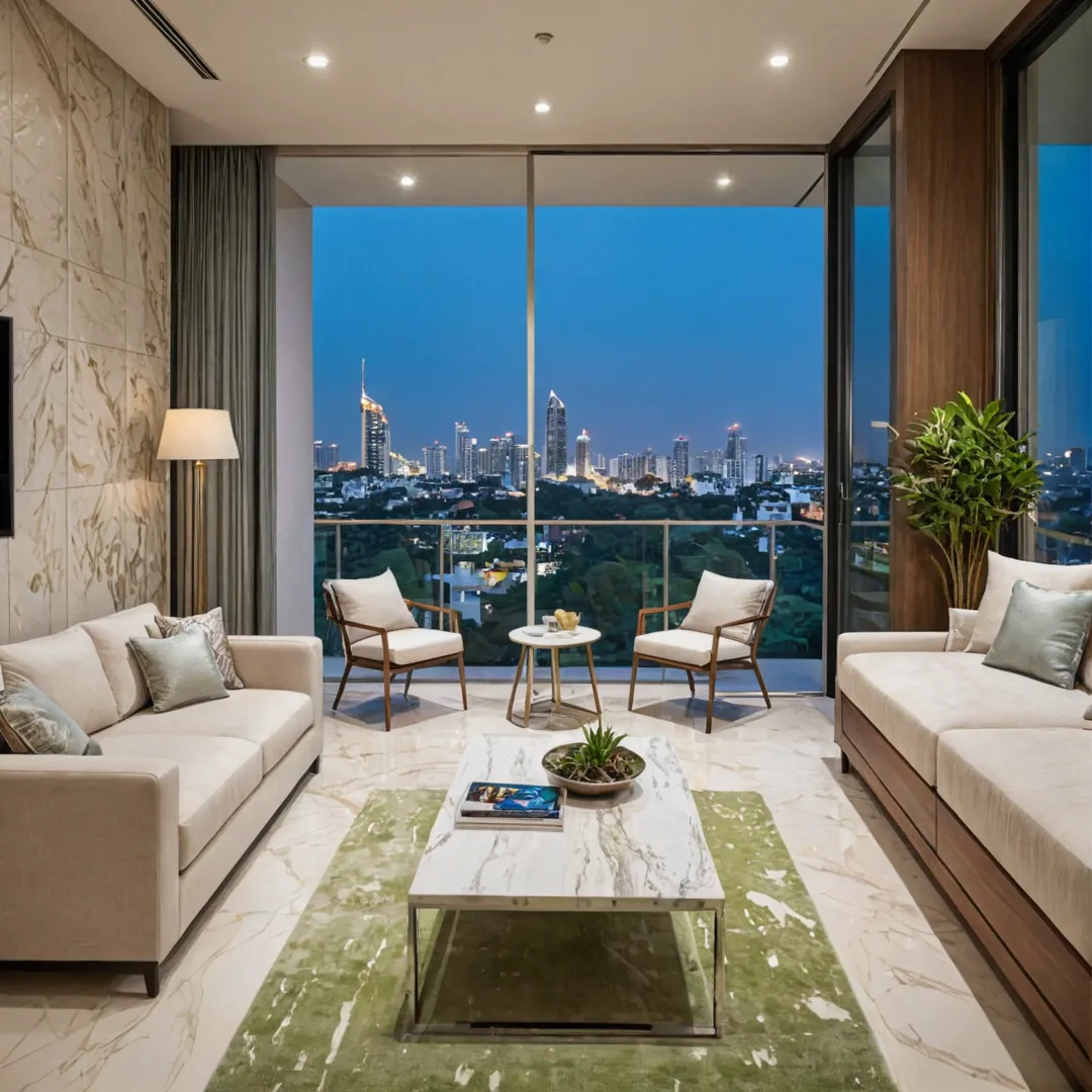 etailed image of a modern, luxurious apartment in East Bangalore's Alita neighborhood with floor-to-ceiling windows overlooking a vibrant city skyline at dusk. The living room showcases a stylish, comfortable seating arrangement and an elegant center table, while the adjacent kitchen is equipped with state-of-the-art appliances and sleek cabinetry. In the background, one can see a balcony adorned with lush greenery and an outdoor dining set, creating a serene atmosphere amidst the bustling city life. The master bedroom features a king-sized bed, plush carpeting, and tasteful accent lighting, while the en suite bathroom boasts dual vanities, a spacious walk-in closet, and a luxurious shower with rainhead showerheads.