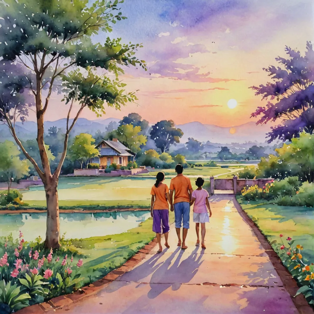 atercolor painting of a family enjoying the sunset in Alita. The father is playing cricket with his son, while the mother and daughter are walking hand in hand on the well-maintained pathway that leads to their home in the background. The sky is painted with vibrant shades of orange, pink, and purple, reflecting off the water body nearby, adding a serene ambiance to the scene. The community's landscaping can be seen in the distance, highlighting its greenery and open spaces.