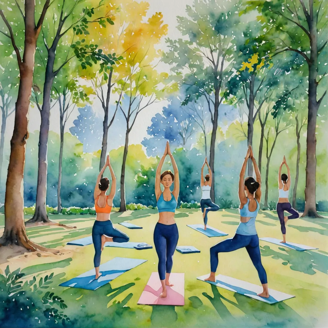 tercolor painting of a yoga class in the park, vibrant colors, serene environment, people in various poses, sunlight filtering through trees, peaceful atmosphere, harmony, balance, wellness, nature