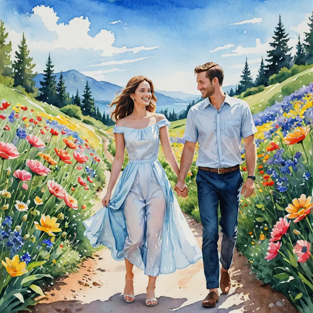 oyful couple walking hand in hand on a scenic path surrounded by vibrant flowers, clear blue sky, and a soft watercolor painting style.