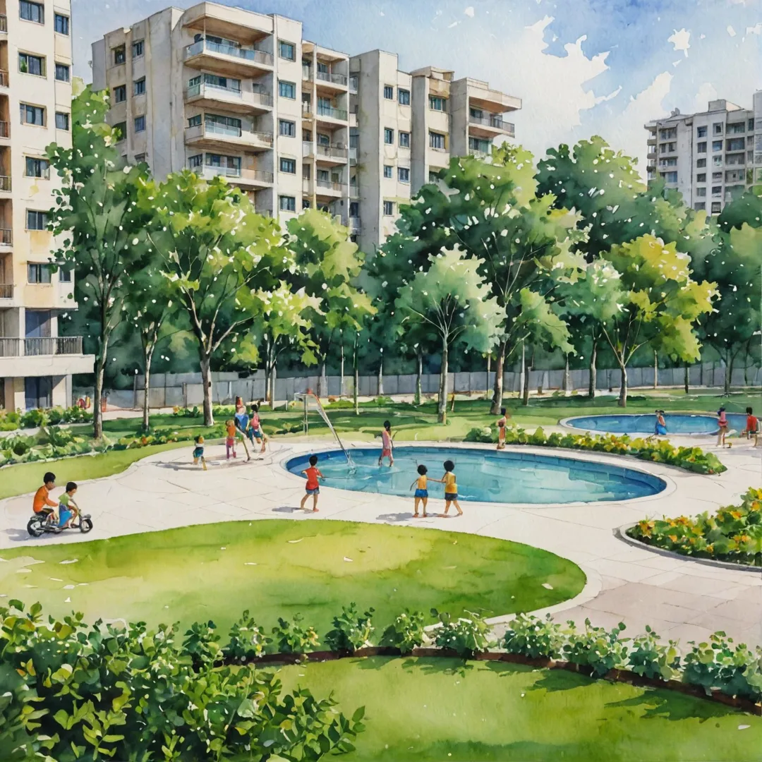 hoto of children playing at a park, surrounded by trees and greenery, with a modern residential complex visible in the background, emphasizing the blend between nature and urban living.