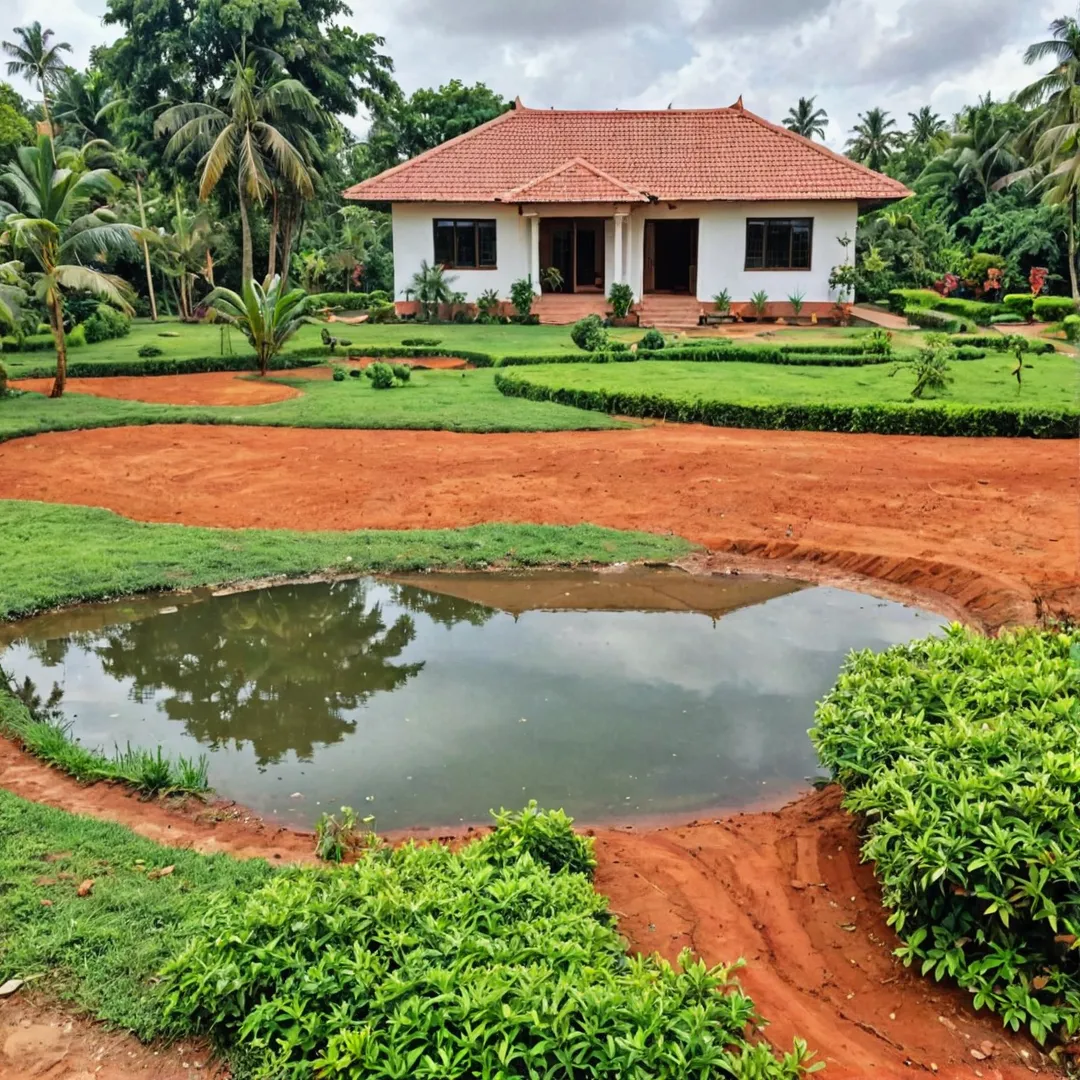 ome near lake, Kacharakanahalli Lake, vital water source, 100 meters from Alita, natural ecosystem, Rajakaluve canals, 200 meters away, rainwater harvesting pits, red soil, fertile, drainage, agriculture, landscaping, lush greenery, harmony with nature.