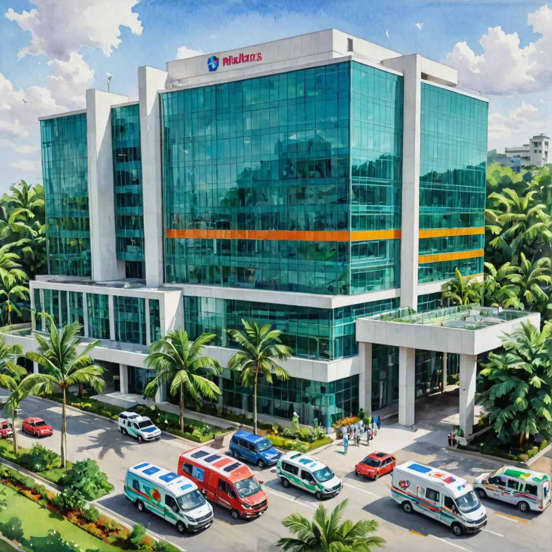 ibrant photo of modern hospital exterior, multistory building with glass facade, colorful signage, patients walking in and out, surrounded by lush greenery, high-tech ambulances parked outside.