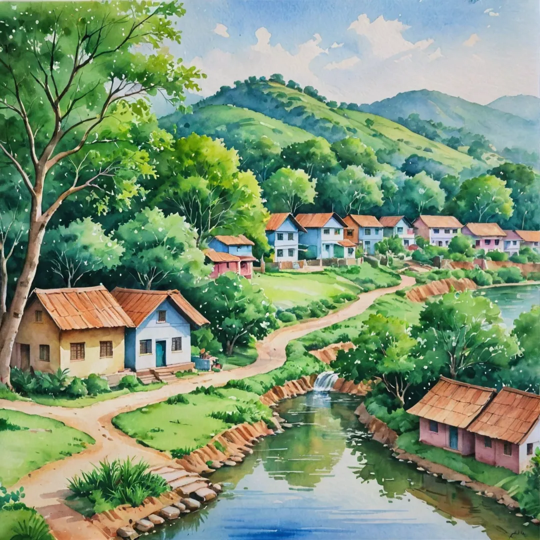 atercolor painting of a peaceful village scene with lush greenery, colorful houses, and a Gram Panchayat office in the background. The image should capture the serene atmosphere while showcasing the important role of the Gram Panchayat in issuing Khata certificates for property owners like Alita.