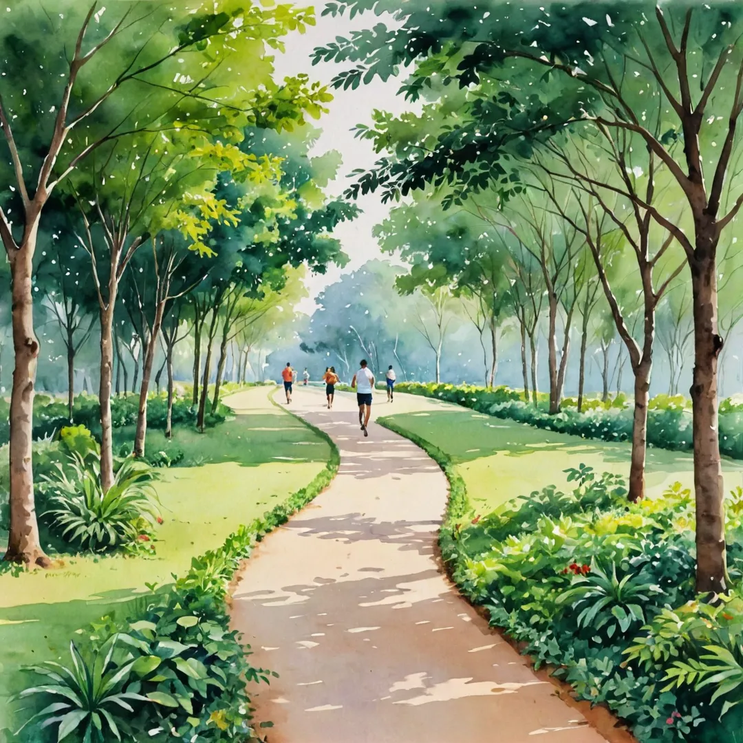 unning path in lush greenery, circular shape, people jogging and socializing, Bangalore East, Alita community, morning exercise, serene environment