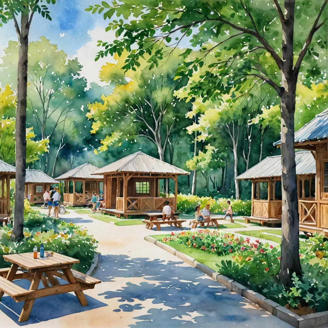 atercolor painting of a serene outdoor scene in Alita, featuring vibrant green trees surrounding comfortable outdoor cabanas. The cabanas are designed with natural materials and offer shade for residents to engage in board games. A group of diverse individuals, including families and friends, can be seen laughing and interacting while playing a variety of games on wooden tables. The atmosphere is filled with the sounds of joy and laughter, creating a warm and welcoming environment for all ages to enjoy.