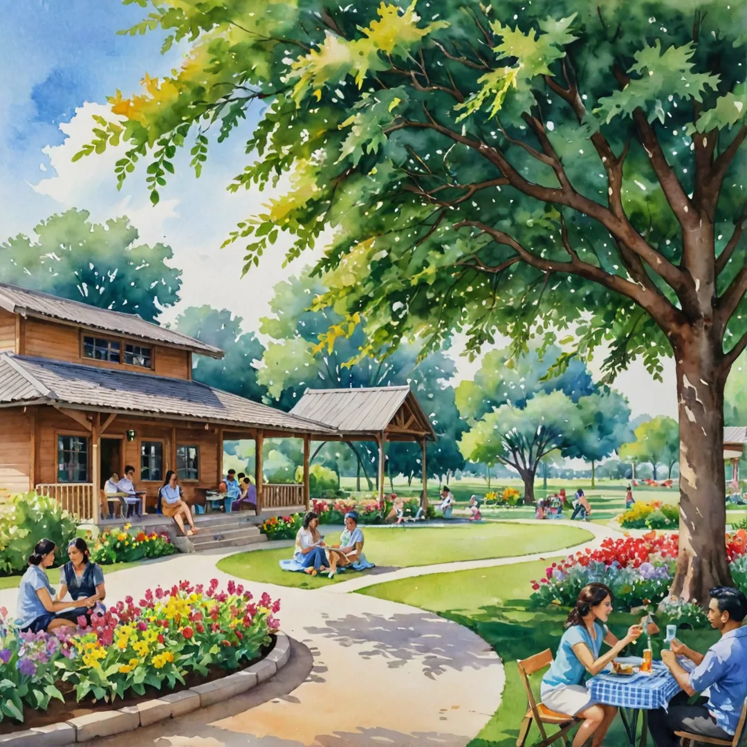 ater color painting of a vibrant community hub bustling with life in Alita. Residents from various backgrounds gather around colorful flowerbeds, sharing stories and laughter while their kids play on the swings or explore nature's wonders. A young couple sits under a shady tree, enjoying each other's company over a picnic. The clubhouse stands tall in the background, offering an elegant retreat for those seeking refuge from the sun or a quiet space to work. The overall atmosphere is one of harmony and belonging as friends old and new come together in this idyllic setting.