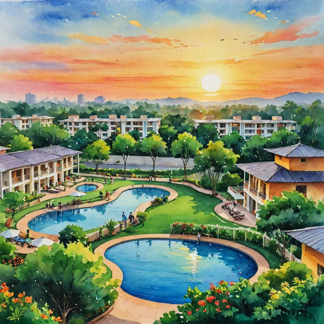 ibrant sunset over sprawling community spaces, residents engaged in various activities, lush greenery surrounding the area, colorful flora and fauna, people enjoying clubhouse amenities, harmonious living environment.