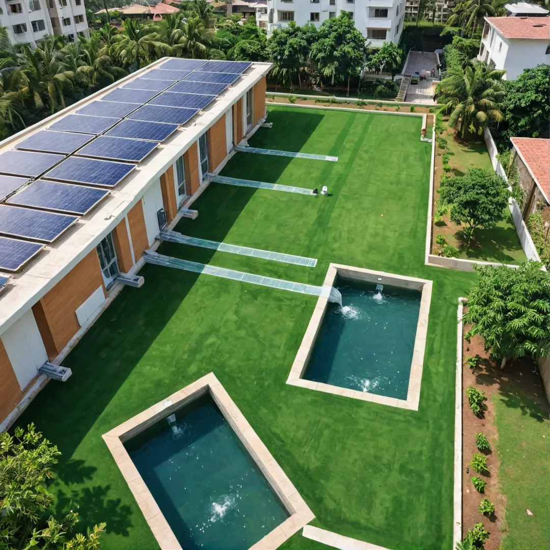 ater harvesting system in action, rainwater flowing into underground storage tanks, green lawns and gardens surrounding a modern residential complex, people enjoying the outdoors with amenities like swimming pools and badminton courts, solar panels on rooftops providing sustainable energy sources, and drone view capturing the entire eco-friendly community living concept.