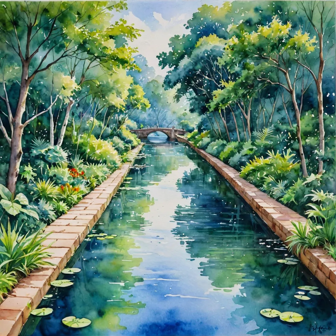 atercolor painting of a serene landscape featuring Alita, surrounded by lush greenery and ancient Rajakaluve canals. The image captures the harmony between urban development and nature, showcasing a peaceful oasis in the heart of Bangalore. The colors are soft and soothing, with an emphasis on blues and greens to represent the water and vegetation. The painting highlights the beauty of this unique living space that offers tranquility and sustainability amidst bustling city life.